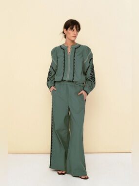 [NWOT] $330 SONMER Green Embroidered Cotton Blouse and Wide-Leg Pants